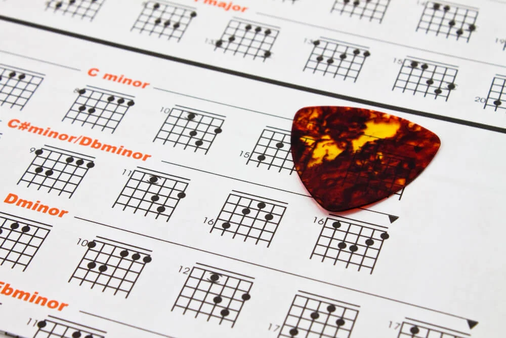 Colorful guitar picks arranged on a wooden table