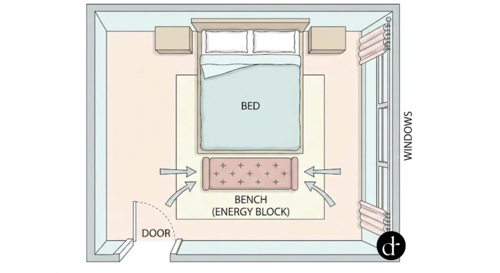 A bedroom layout showing a bench placed at the foot of the bed to block the door