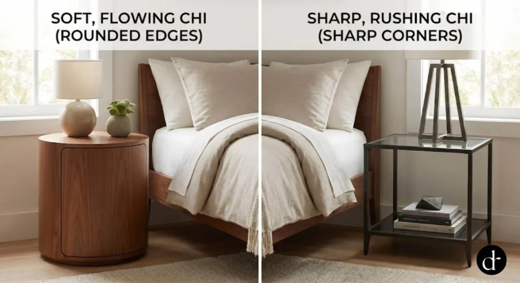 A nightstand with curved, soft edges vs a sharp rectangular one