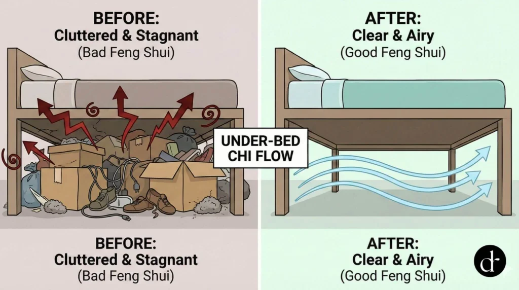 Comparison of a cluttered under-bed space versus a clean, airy space under the frame]
