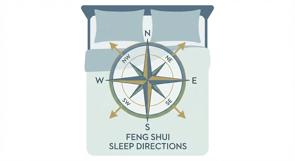 Graphic of a compass rose overlaid on a bed illustration