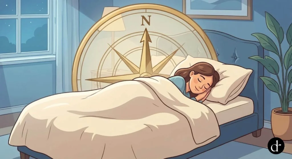 Person sleeping in a bed comfortably with a compass graphic indicating North