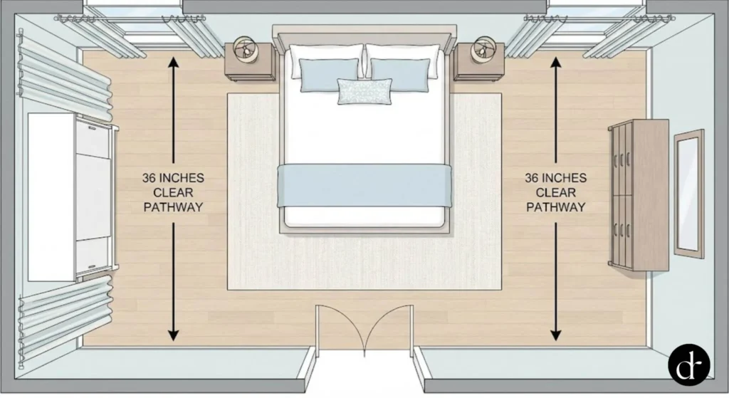 Top-down view of a bedroom showing wide, clear walking paths on both sides of the bed
